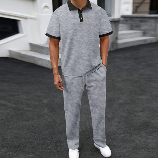 Conjunto de Dos Piezas con Bloques de Color Jacquard de Nuevo Estilo: Camisa Polo de Manga Corta con Cuello Camisero y Pantalones Largos, Traje Deportivo Informal