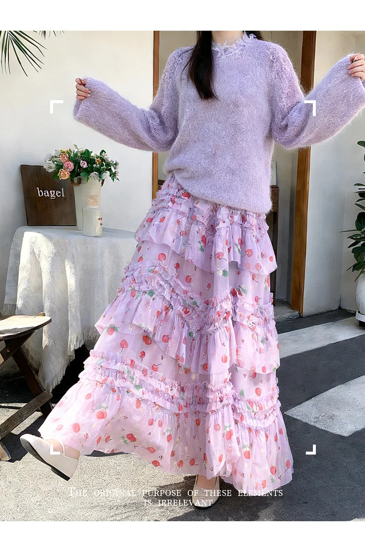Primavera Verano 2026 Falda Larga de Tul Estampada de Cintura Alta con Empalmes Asimétricos, Falda de Pastel Colorida, Estilo...