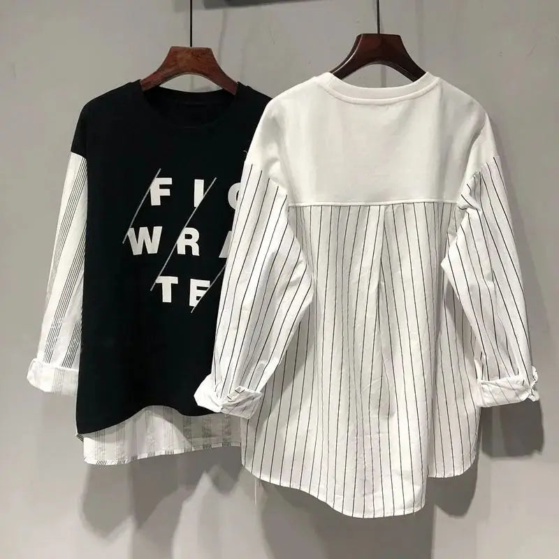 Sudadera de manga larga con estampado de letras para mujer, ropa de calle de gran tamaño, retales a rayas, Tops irregulares Y2K, moda coreana