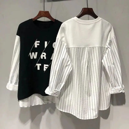 Sudadera de manga larga con estampado de letras para mujer, ropa de calle de gran tamaño, retales a rayas, Tops irregulares Y2K, moda coreana