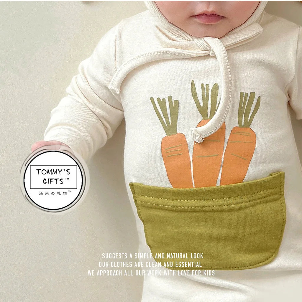 2025 INS ropa infantil para niña moda verano estampado de zanahoria diseño de conejito mameluco para bebé mono de algodón suave 0-24M otoño