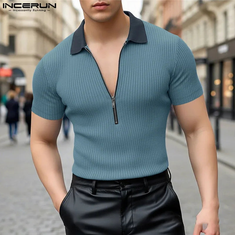INCERUN-Camisa de punto para hombre, con solapa de retales, manga corta, cremallera, ropa para hombre, Tops, ropa de calle de verano, Camisas de moda con bloques de color