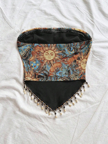 Top de tubo de punto de malla estampado de 1 pieza para mujer con dobladillo triangular y adornos de flecos con cuentas