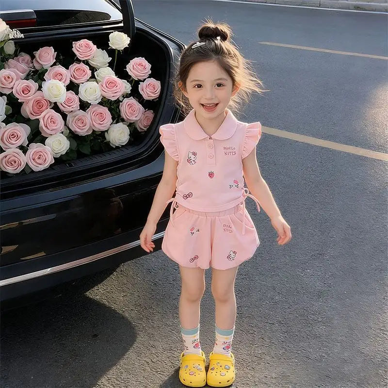 Nuevo Conjunto de Verano para Niña Sanrio, Conjunto Deportivo Delgado de Dos Piezas, Camiseta y Pantalones Cortos con Diseño de Kt, Ropa Casual Transpirable de Algodón