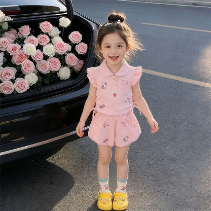 Nuevo Conjunto de Verano para Niña Sanrio, Conjunto Deportivo Delgado de Dos Piezas, Camiseta y Pantalones Cortos con Diseño de Kt, Ropa Casual Transpirable de Algodón