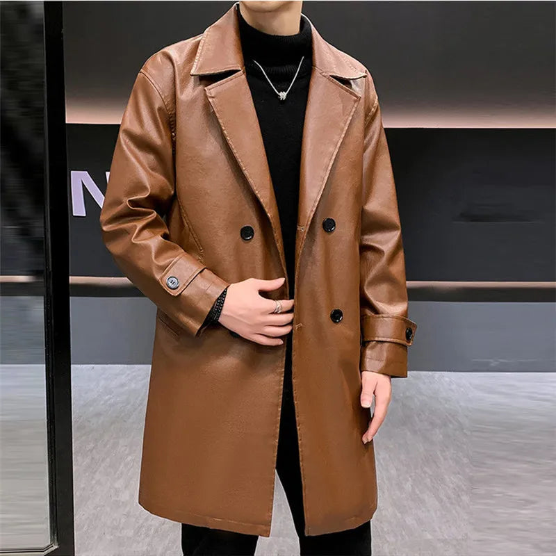 Chaquetas de cuero largas y gruesas para hombre, gabardinas de PU con cuello vuelto sólido, chaqueta de cuero informal de negocios cálida, cortavientos para hombre