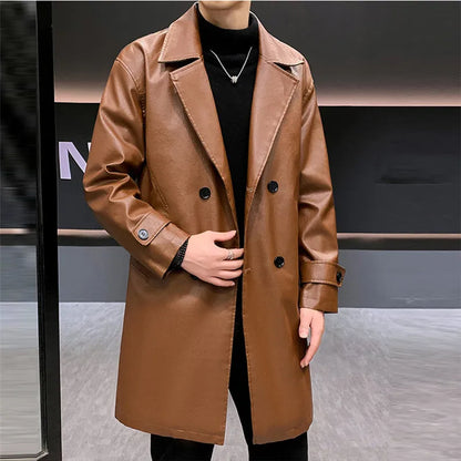 Chaquetas de cuero largas y gruesas para hombre, gabardinas de PU con cuello vuelto sólido, chaqueta de cuero informal de negocios cálida, cortavientos para hombre
