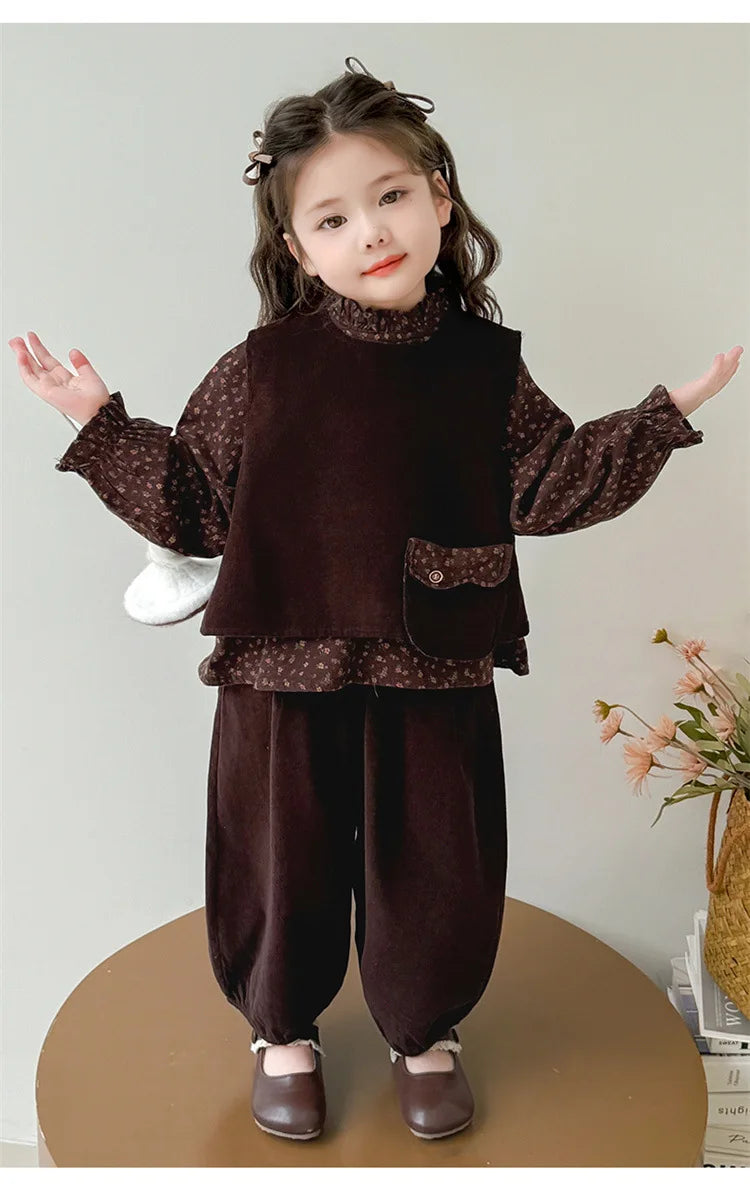 Ropa de moda para niñas 2025, otoño, nueva camisa Floral, chaleco y pantalones de Color sólido, conjunto de 3 piezas de pana