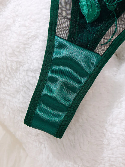 Conjunto de lencería de encaje con bordado floral estilo francés verde, sujetador sexy y suave con copas de acero, para el Día de San Valentín ZA824031