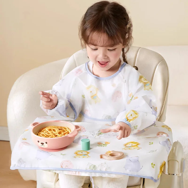 AIBEDILA Baberos impermeables para bebés, babero de manga larga para destete, se sujeta a la mesa de la trona, dobladillo desmontable, 6M-6T