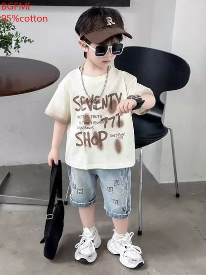 Conjunto de Verano para Niños y Adolescentes, ropa de algodón con letras de manga corta, a la moda, 2 piezas