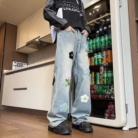 Y2K-pantalones vaqueros Vintage con bordado de flores para hombre, pantalón vaquero de pierna ancha, holgado, recto, diseño de otoño, moda Hip Hop