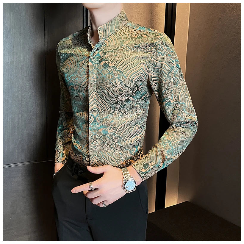 Camisas estampadas de manga larga con cuello levantado para primavera y otoño, camisa informal de moda para hombre de estilo chino Formal Social de negocios