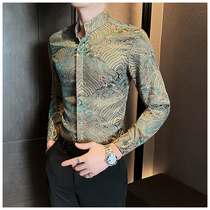 Camisas estampadas de manga larga con cuello levantado para primavera y otoño, camisa informal de moda para hombre de estilo chino Formal Social de negocios