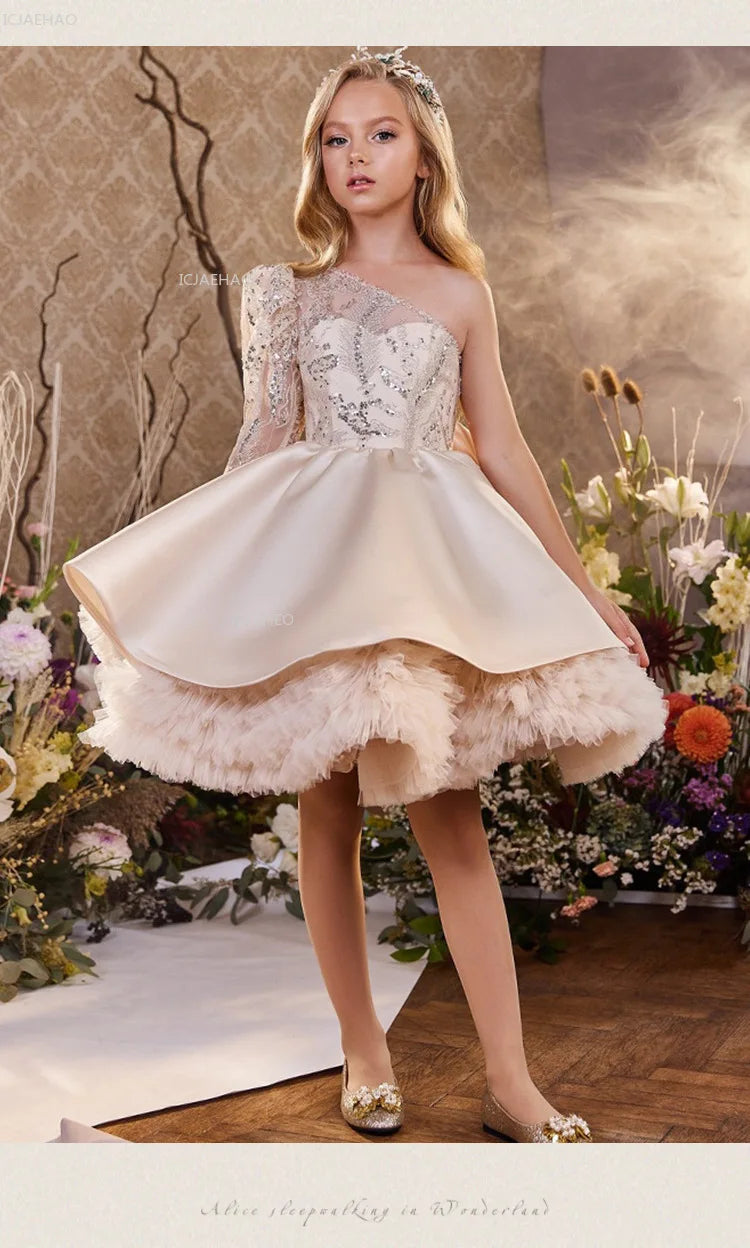 2026 nuevo vestido para niños vestido de princesa con lentejuelas un hombro falda acampanada con lazo Patchwork niños niñas traje Formal de celebración de fiesta