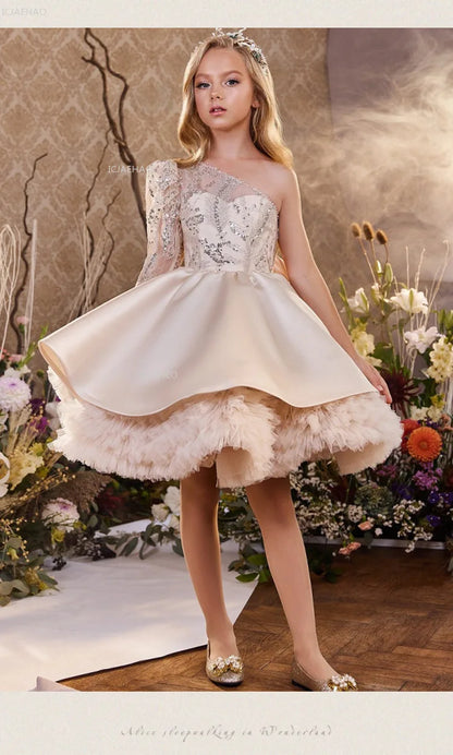 2026 nuevo vestido para niños vestido de princesa con lentejuelas un hombro falda acampanada con lazo Patchwork niños niñas traje Formal de celebración de fiesta