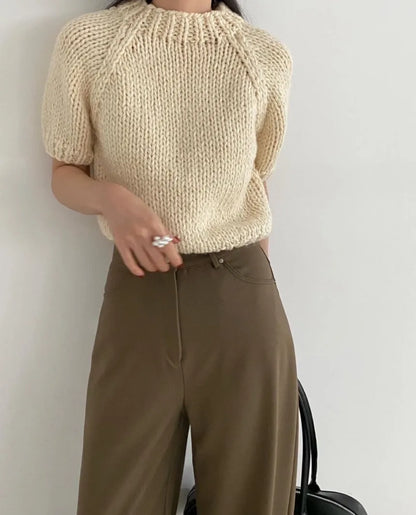 Suéter de punto con rayas arcoíris para mujer, cuello redondo elegante, manga corta, corte ajustado, estilo nuevo de otoño in...