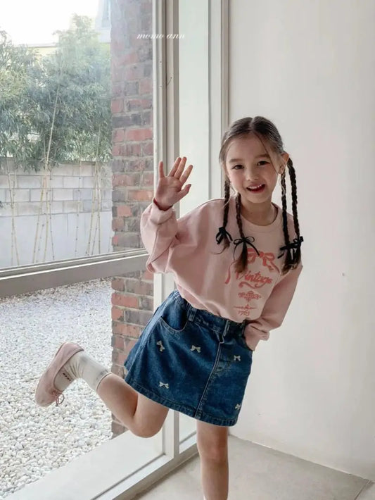 Falda de mezclilla lavada con lazo bordado para niñas, ropa coreana para niños, media falda, pantalones elegantes, línea A, verano, nuevo
