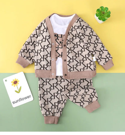 Conjunto de ropa vintage de otoño para bebé, trajes de 3 piezas para niños y niñas, cárdigan de algodón, pantalones y top, perfecto para niños pequeños de 9 a 3 años