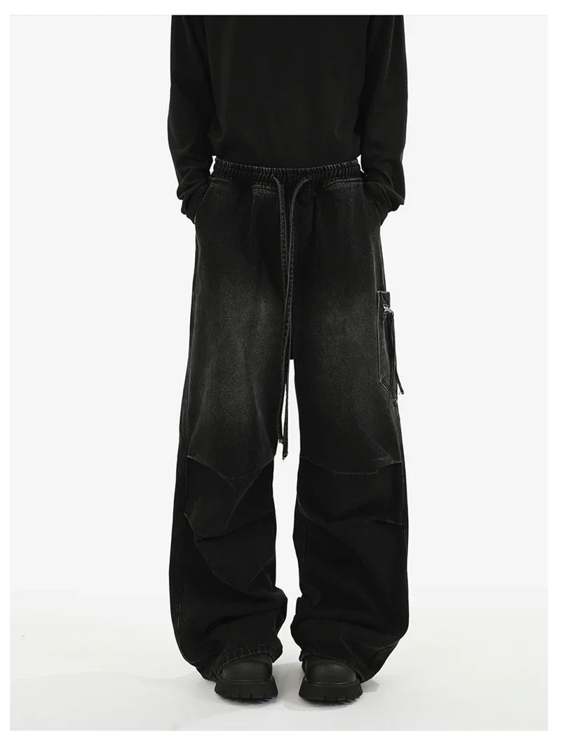 Pantalones vaqueros Cargo plisados de calle alta de otoño para Hombre, Pantalones vaqueros rectos de pierna ancha con bolsillo, moda Hip Hop Y2K, Vaqueros holgados