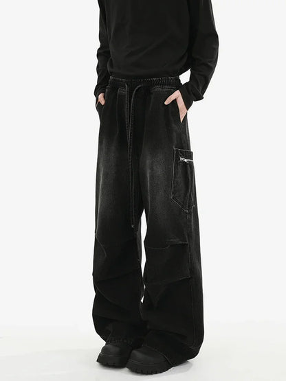 Pantalones vaqueros Cargo plisados de calle alta de otoño para Hombre, Pantalones vaqueros rectos de pierna ancha con bolsillo, moda Hip Hop Y2K, Vaqueros holgados