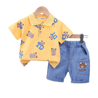 Ropa de dibujos animados para bebé, Camiseta con estampado de oso, pantalones cortos, 2 uds./Set