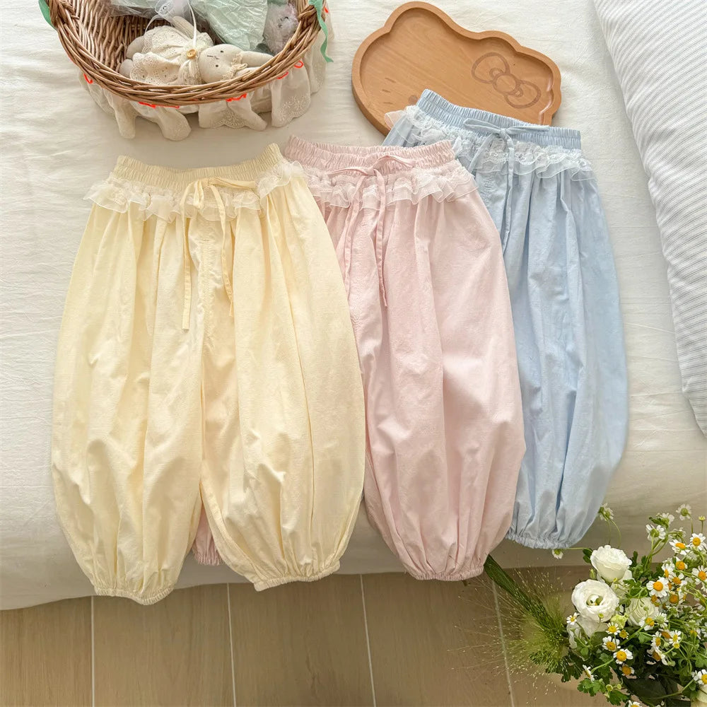 Pantalones informales finos para niñas, novedad de verano, pantalones con cordón de encaje para niños, pantalones de fondo coreanos
