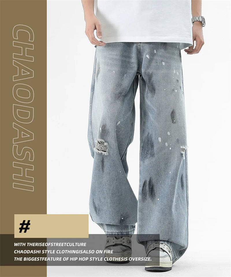 Pantalones vaqueros de pierna recta holgados rasgados de otoño para hombre, moda Hip Hop, pantalones vaqueros con estampado de grafiti, ropa de calle informal Y2K, pantalones vaqueros