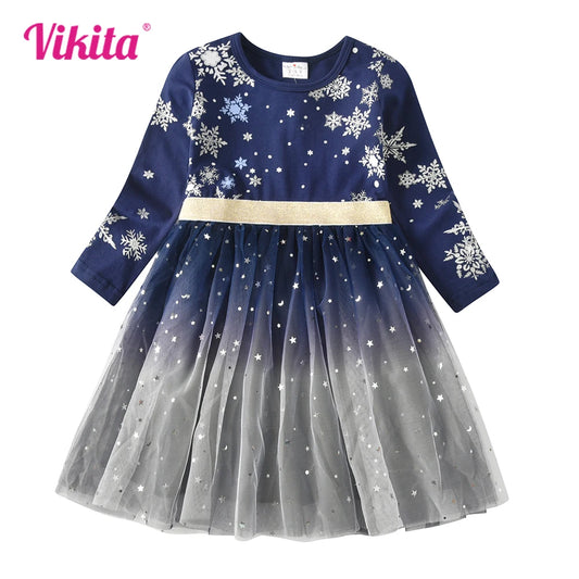 VIKITA niñas copos de nieve estampado Navidad Año nuevo regalo vestido niñas Otoño Invierno manga larga gradiente princesa vestidos de fiesta