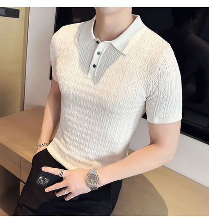 Polo de manga corta de punto Jacquard para hombre, camiseta de Golf con solapa de moda, ajustada, nueva