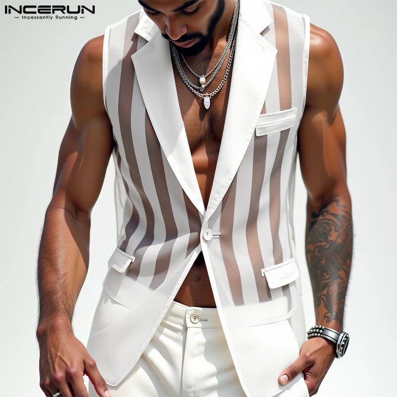 INCERUN Men Vests Mesh Striped Transparent Lapel Sleeveless One Button Casual Male Waistcoats Fashion Streetwear 2025 Vests Sexy
