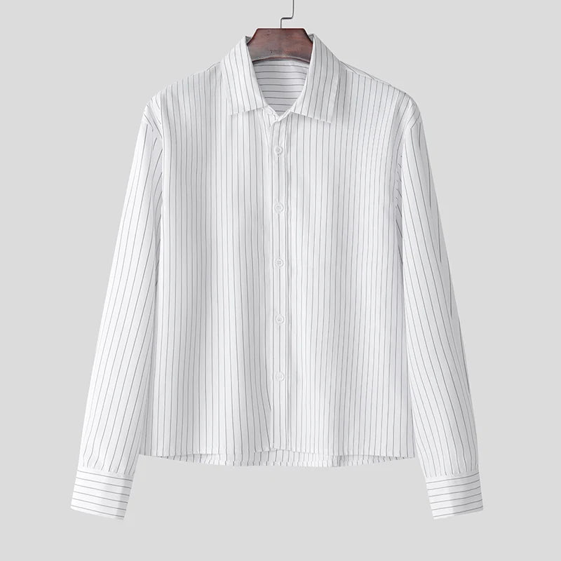 Casual Simple Style Tops INCERUN New Men's Striped Cropped Shirt Fashion Well Fitting Male Hot Selling Long Sleeved Blouse S-5XL