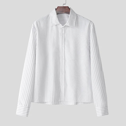 Casual Simple Style Tops INCERUN New Men's Striped Cropped Shirt Fashion Well Fitting Male Hot Selling Long Sleeved Blouse S-5XL