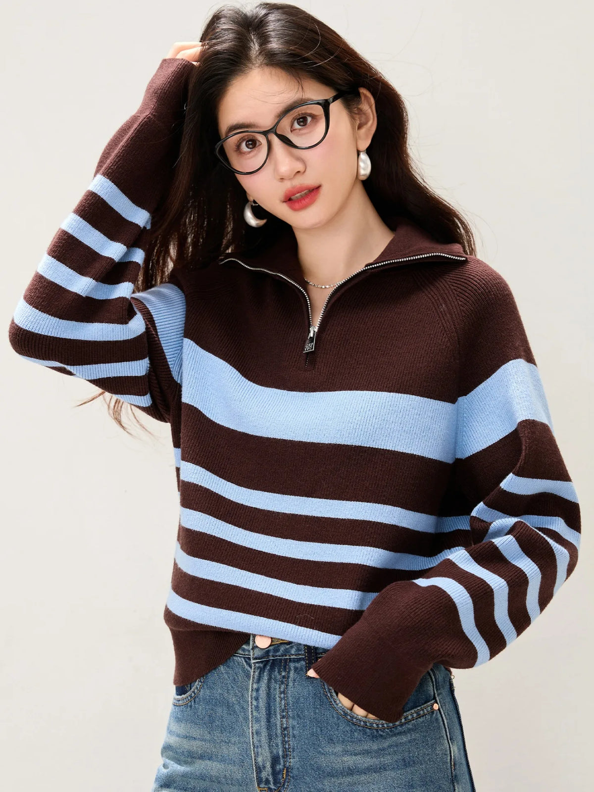 Suéter de punto suave y cómodo para mujer, con cuello de media cremallera, para otoño e invierno, de ajuste holgado, manga la...