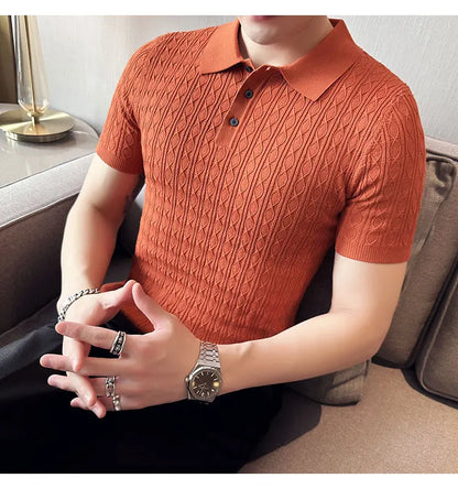 Polo de manga corta de punto Jacquard para hombre, camiseta de Golf con solapa de moda, ajustada, nueva