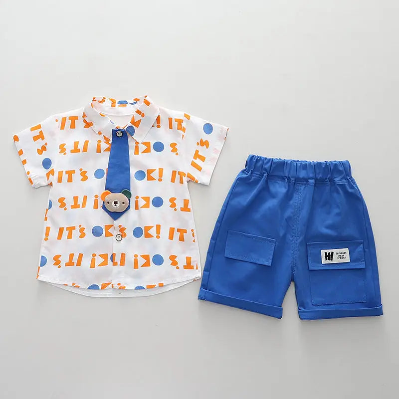Nueva ropa informal para niños, traje de verano para niños y niñas, camisa con letras estampadas, pantalones cortos, 2 unids/set, ropa para niños pequeños de 0 a 5 años