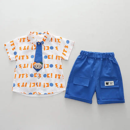 Nueva ropa informal para niños, traje de verano para niños y niñas, camisa con letras estampadas, pantalones cortos, 2 unids/set, ropa para niños pequeños de 0 a 5 años