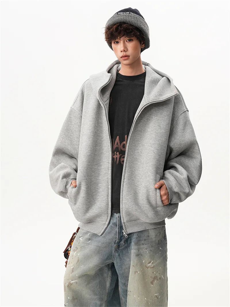 Sudaderas con capucha y cremallera de Color liso para hombre, sudaderas con capucha de moda de venta al por menor Retro, chándal informal de algodón de gran tamaño, novedad de 2026