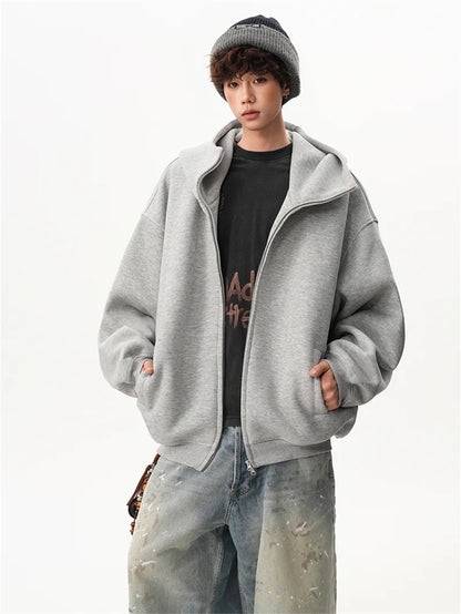 Sudaderas con capucha y cremallera de Color liso para hombre, sudaderas con capucha de moda de venta al por menor Retro, chándal informal de algodón de gran tamaño, novedad de 2026