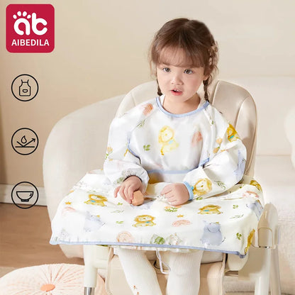 AIBEDILA Baberos impermeables para bebés, babero de manga larga para destete, se sujeta a la mesa de la trona, dobladillo desmontable, 6M-6T