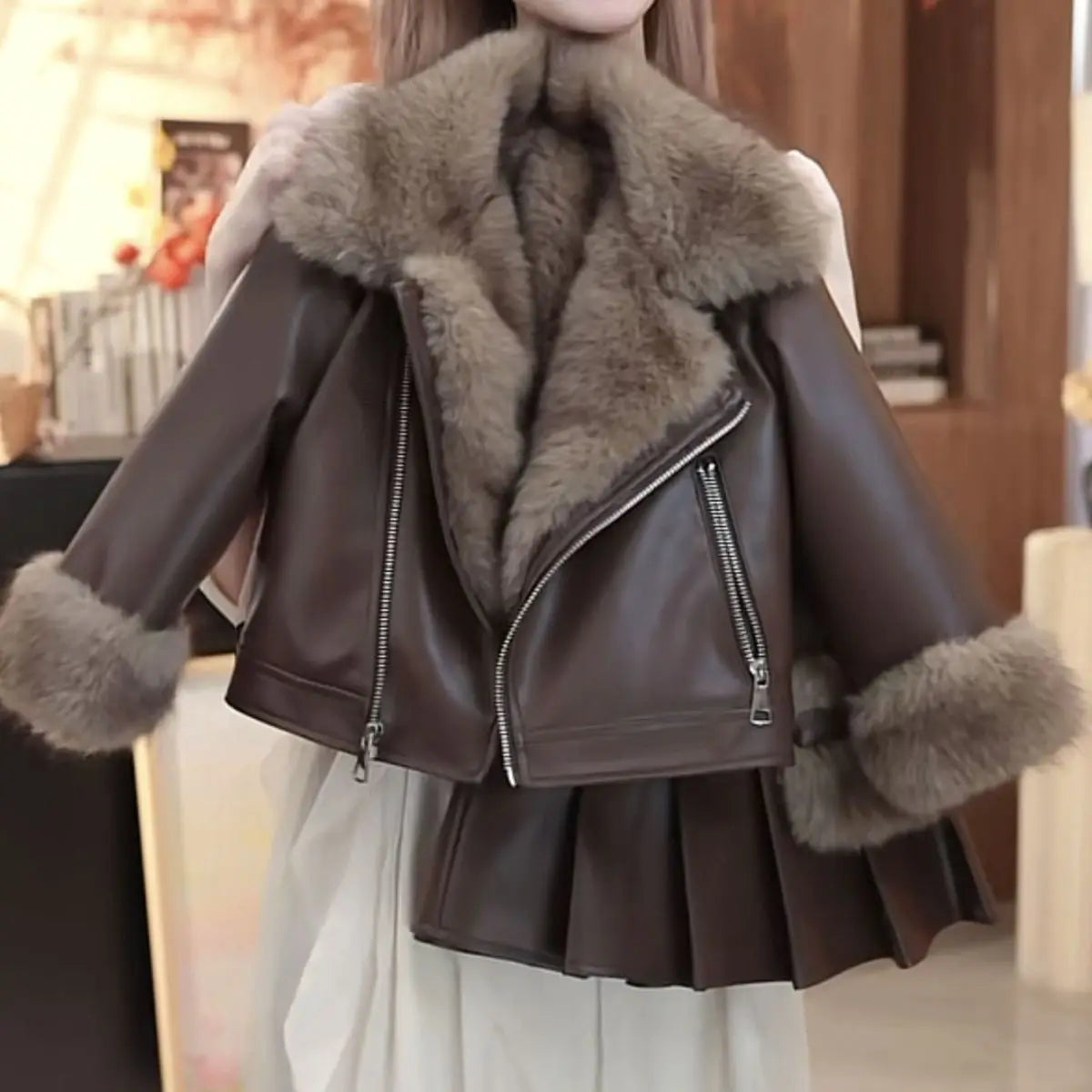 Conjunto de Otoño Invierno para niñas, chaqueta de cuero, nueva chaqueta de cuero gruesa coreana, Falda plisada de moda, conjunto de dos piezas, 2025