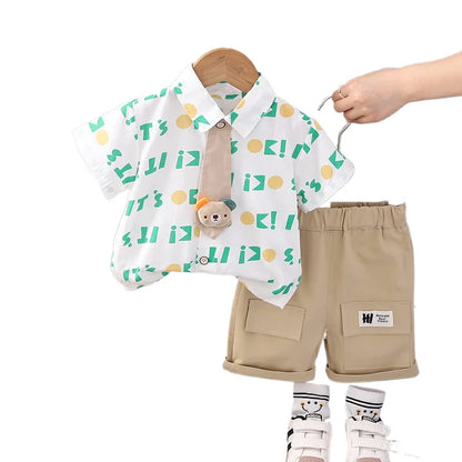 Nueva ropa informal para niños, traje de verano para niños y niñas, camisa con letras estampadas, pantalones cortos, 2 unids/set, ropa para niños pequeños de 0 a 5 años