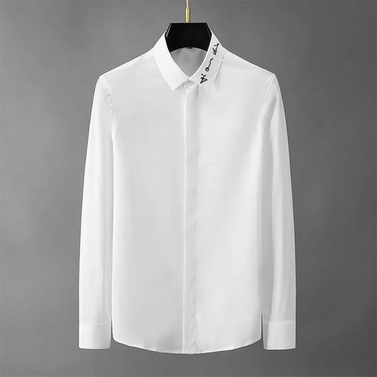 Camisa bordada de marca para hombre, camisa Formal de negocios de manga larga, ajustada, informal, blusa de esmoquin para fiesta Social, camisas blancas