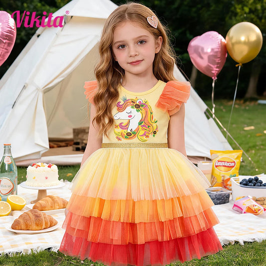 VIKITA-Vestidos de tul con manga acampanada para niñas, tutú de princesa en capas, estampado de unicornio, fiesta de cumpleaños, Verano