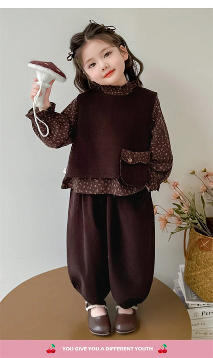 Ropa de moda para niñas 2025, otoño, nueva camisa Floral, chaleco y pantalones de Color sólido, conjunto de 3 piezas de pana