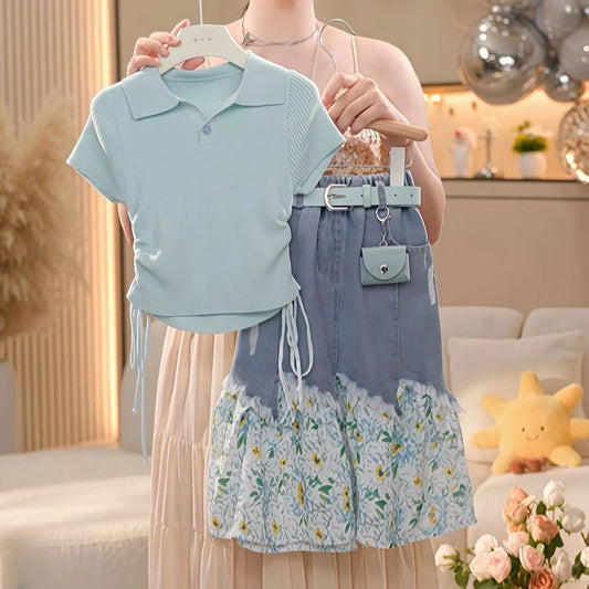 Conjunto de Dos Piezas para Niñas, Falda de Mezclilla con Parches Florales, Verano 2026, Nueva Falda de Princesa con Encaje, Dulce y Versátil, para Vacaciones