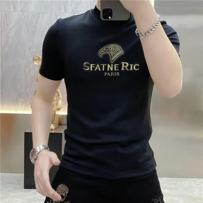 Camiseta de lujo con diamantes de imitación para hombre, camiseta informal ajustada de manga corta con cuello redondo, camiseta Social de negocios, ropa para hombre