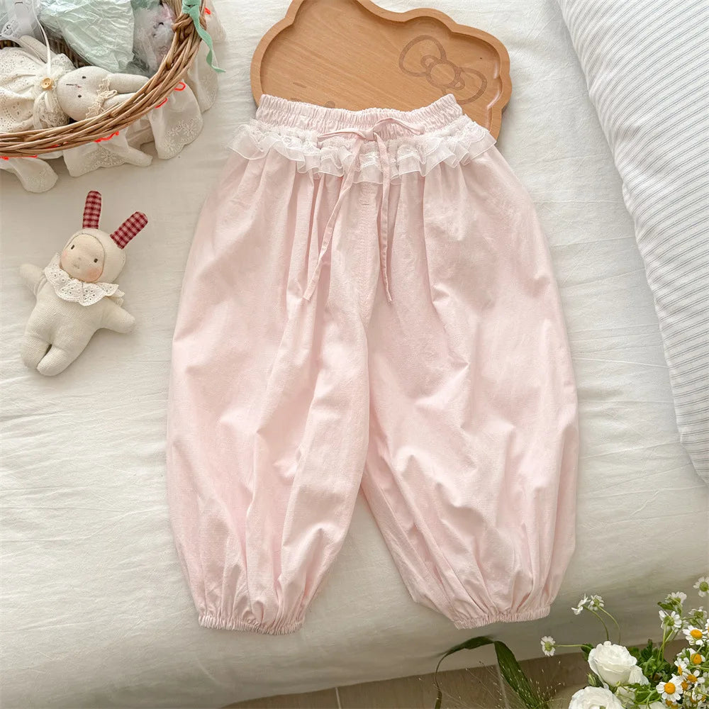 Pantalones informales finos para niñas, novedad de verano, pantalones con cordón de encaje para niños, pantalones de fondo coreanos