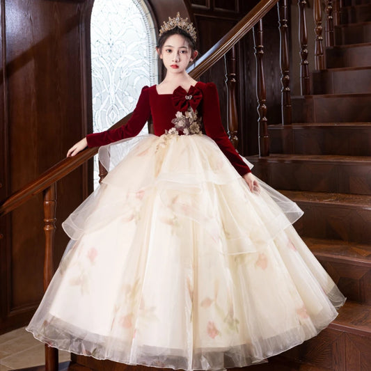 Nuevo vestido de fiesta de princesa rojo para niños, vestido de desfile de manga larga para actuación de Piano, desfile de moda, presentador, ropa Formal elegante