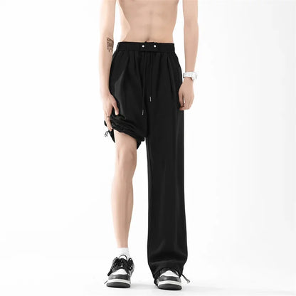 Pantalones bombachos holgados rectos lisos de verano para hombre, pantalones de chándal drapeados deportivos informales, pantalones de pierna ancha con cordón, novedad de 2025